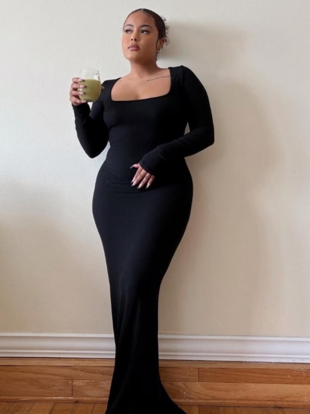 NWT Skims Soft Lounge Long Sleeve Dress in Onyx Black Fitted Maxi Size 4X